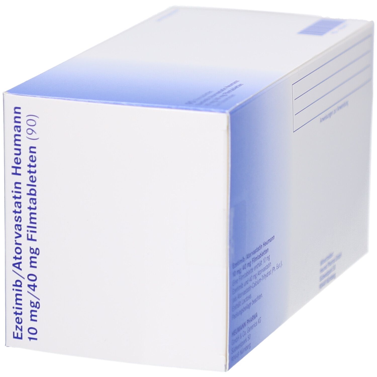 Weiße Schachtel mit blauer Umrandung. Aufschrift: Ezetimib/Atorvastatin Heumann 10 mg/40 mg Filmtabletten (90).