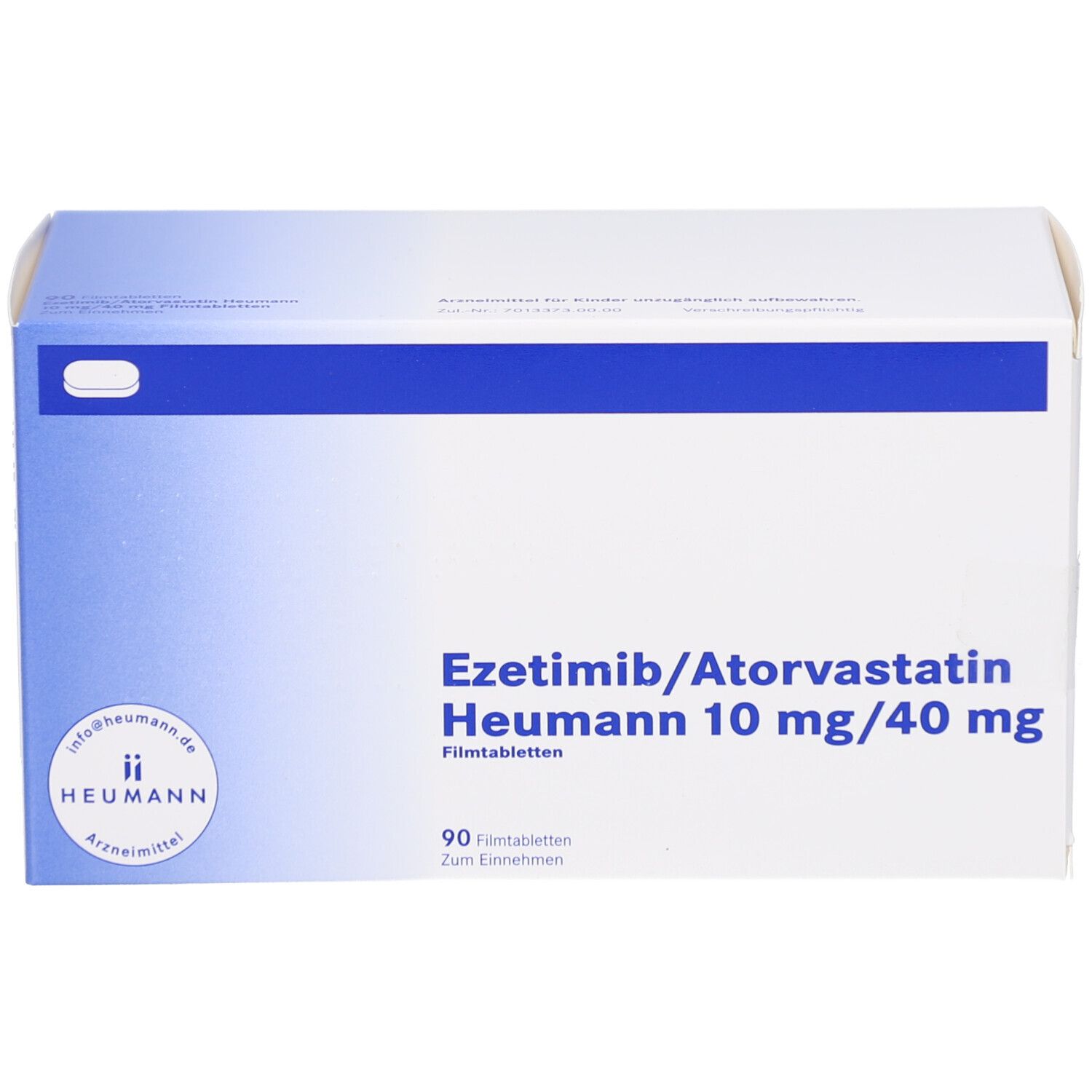 Weiße Schachtel mit blauer Umrandung. Aufschrift: Ezetimib/Atorvastatin Heumann 10 mg/40 mg Filmtabletten. 90 Filmtabletten. Heumann Logo.