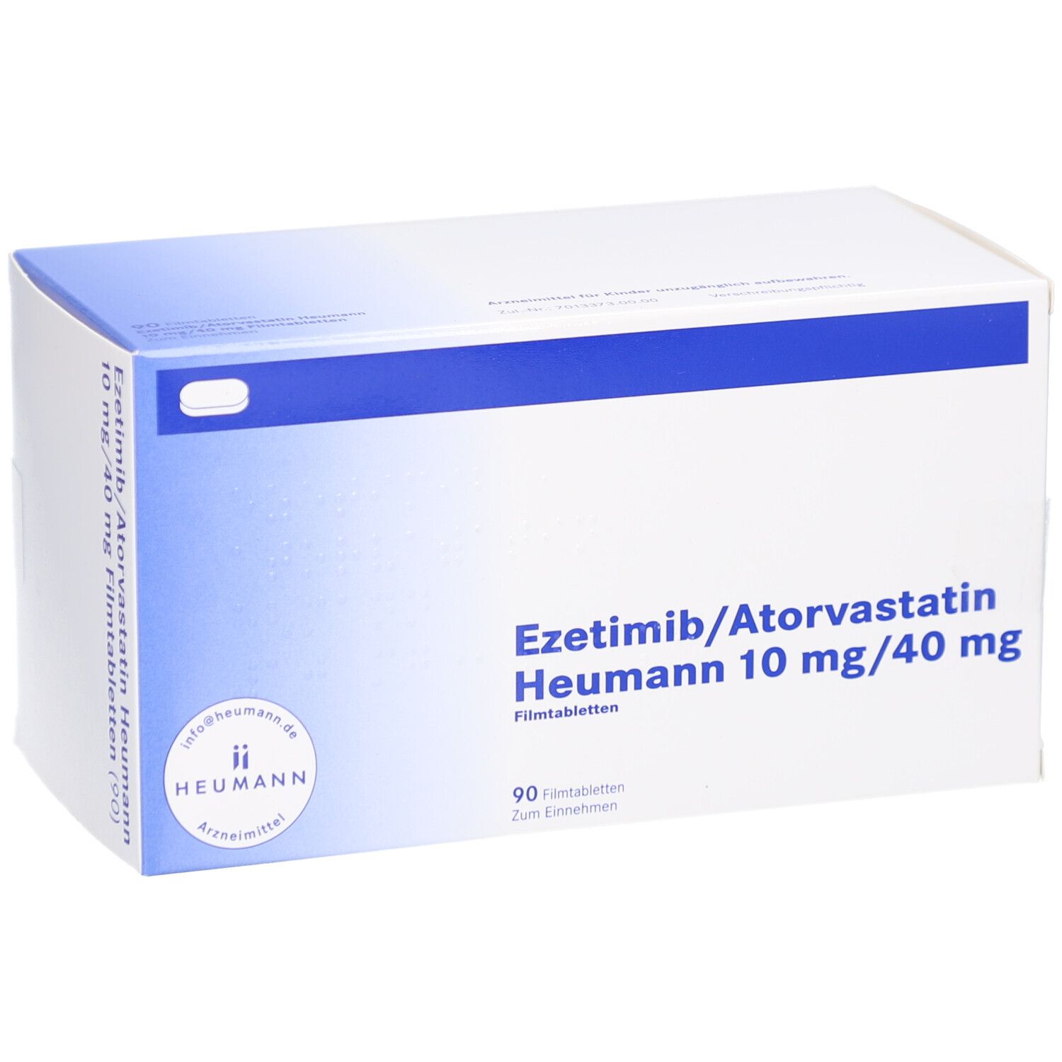 Weiße Schachtel mit blauer Umrandung. Aufschrift: Ezetimib/Atorvastatin Heumann 10 mg/40 mg Filmtabletten. 90 Filmtabletten. Heumann Logo.