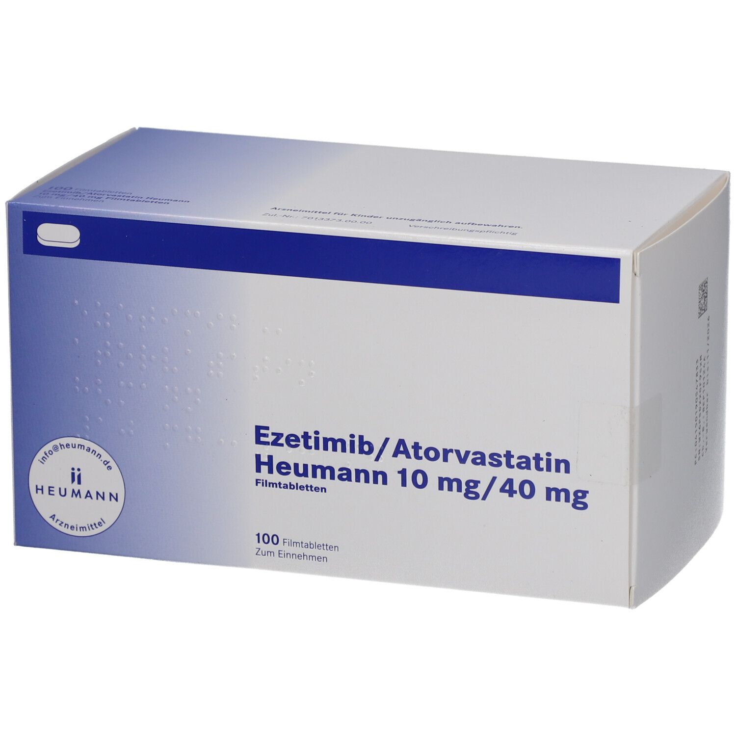 Schachtel mit EZETIMIB/Atorvastatin Heumann 10 mg/40 mg Filmtabletten. Aufschrift: 100 Filmtabletten. Logo Heumann.