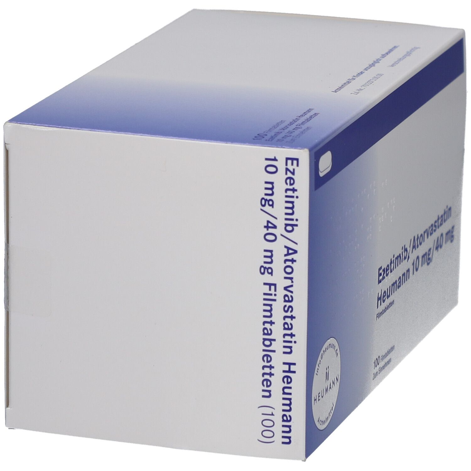 Schachtel mit EZETIMIB/Atorvastatin Heumann 10 mg/40 mg Filmtabletten. Aufschrift: 100 Filmtabletten. Logo Heumann.