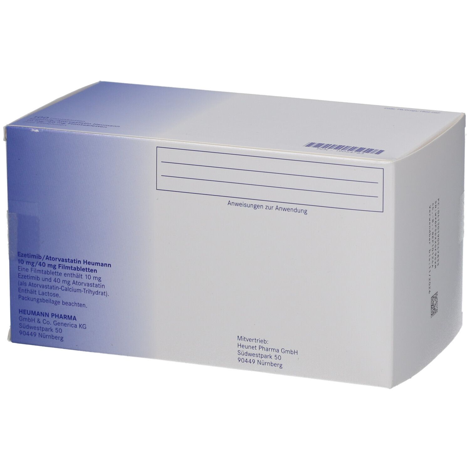 Rückseite der Schachtel mit EZETIMIB/Atorvastatin Heumann 10 mg/40 mg Filmtabletten. Angaben zur Anwendung und Hersteller.