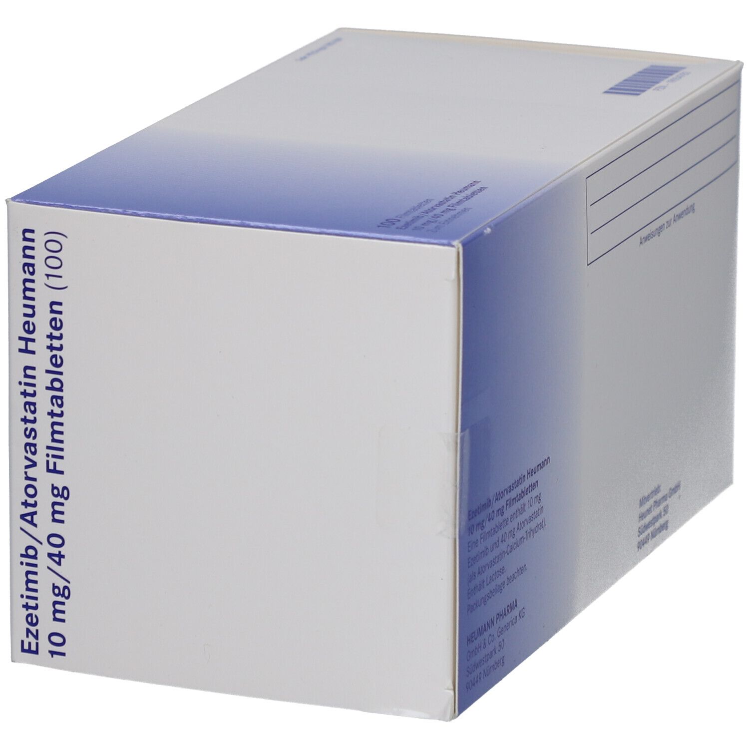 Schachtel mit EZETIMIB/Atorvastatin Heumann 10 mg/40 mg Filmtabletten. Aufschrift: 100 Filmtabletten. Logo Heumann.