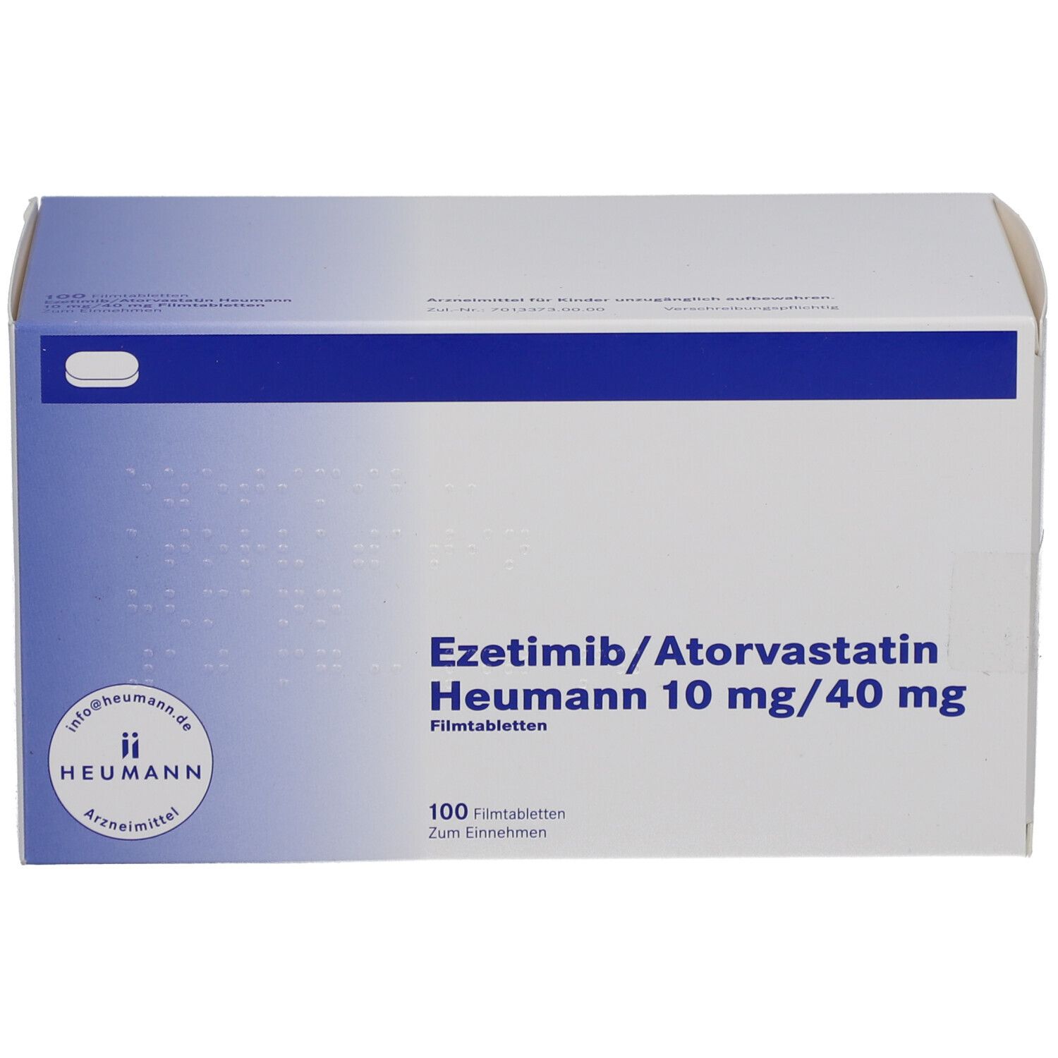 Schachtel mit EZETIMIB/Atorvastatin Heumann 10 mg/40 mg Filmtabletten. Aufschrift: 100 Filmtabletten. Logo Heumann.