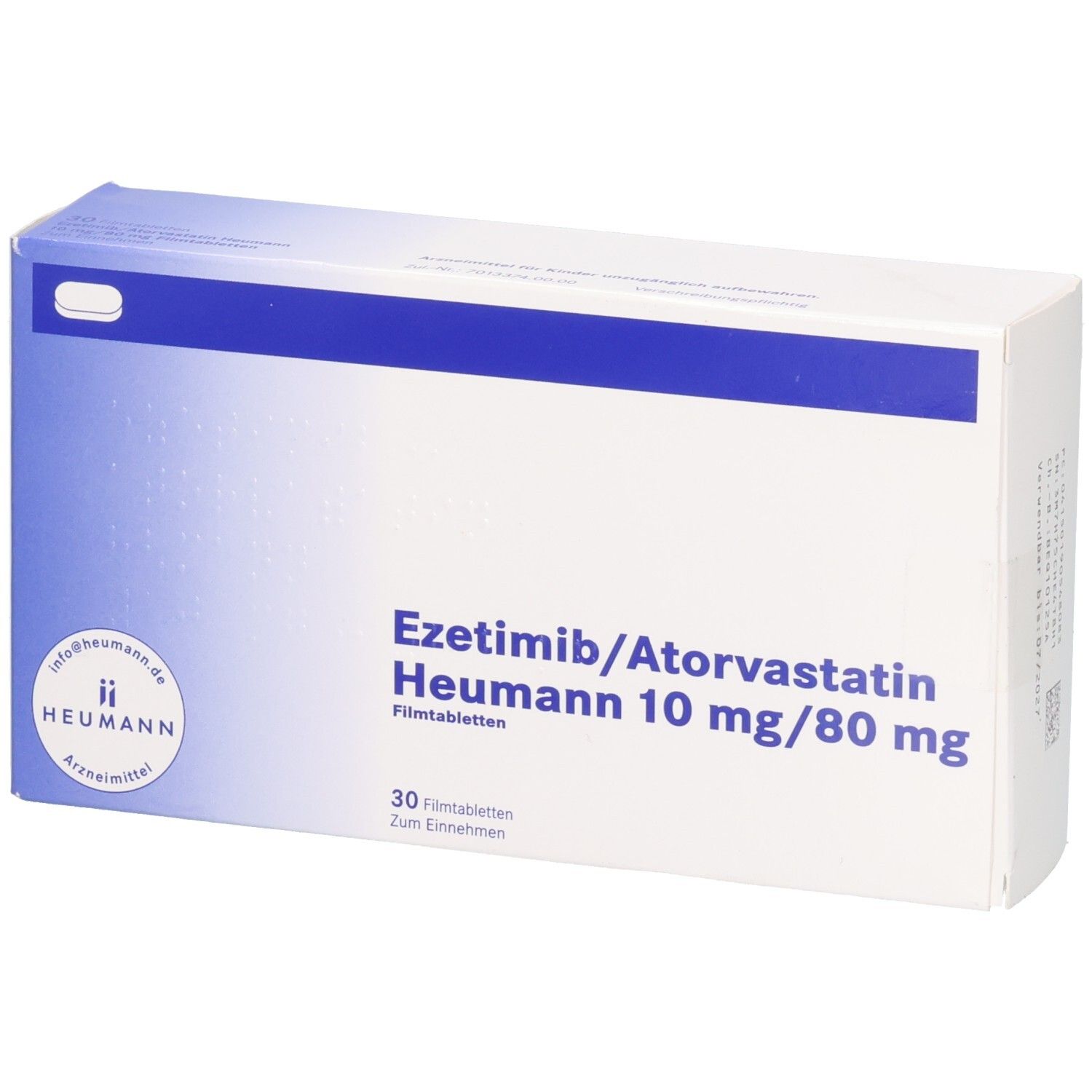 Schachtel mit EZETIMIB/Atorvastatin Heumann 10 mg/80 mg Filmtabletten. Blaue und weiße Verpackung. Heumann-Logo.