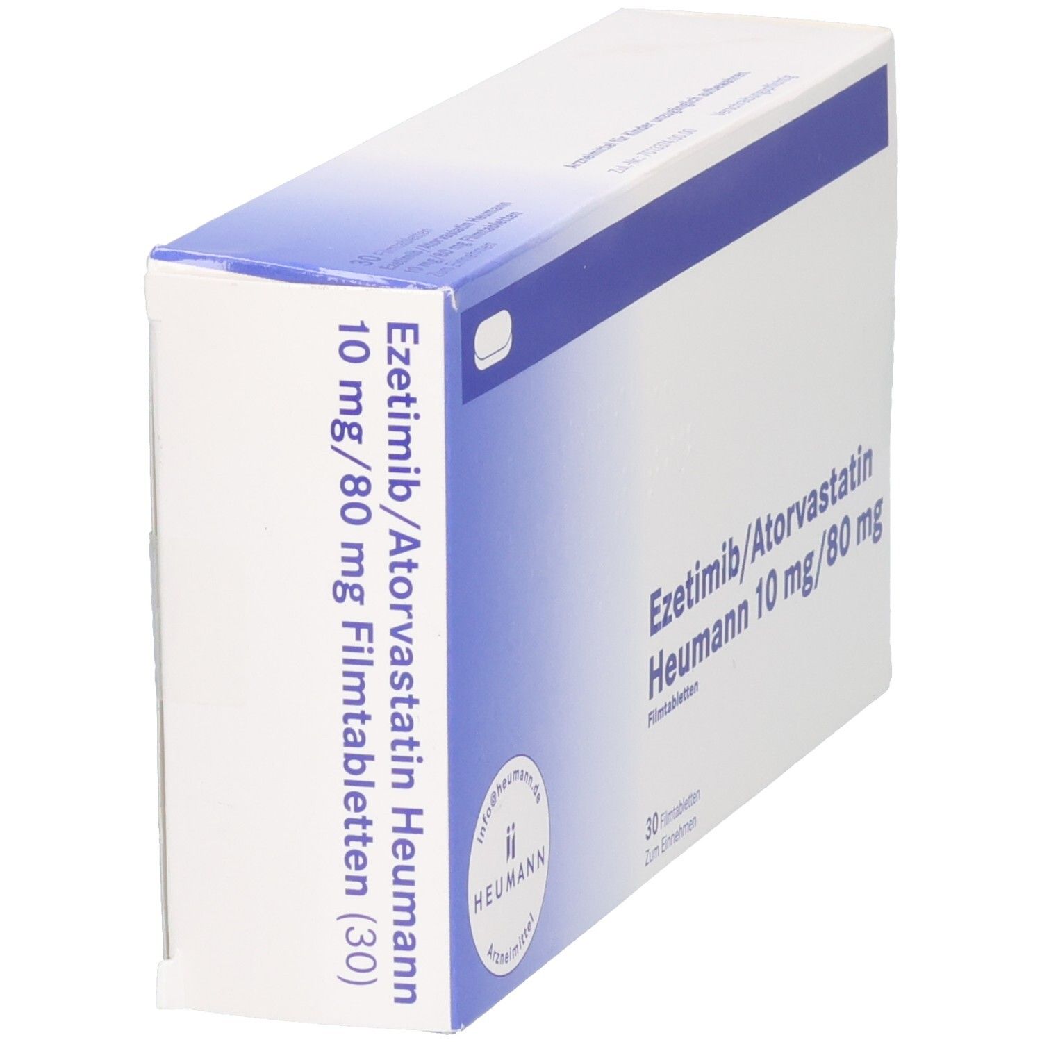 Schachtel mit EZETIMIB/Atorvastatin Heumann 10 mg/80 mg Filmtabletten. Blaue und weiße Verpackung. Heumann-Logo.