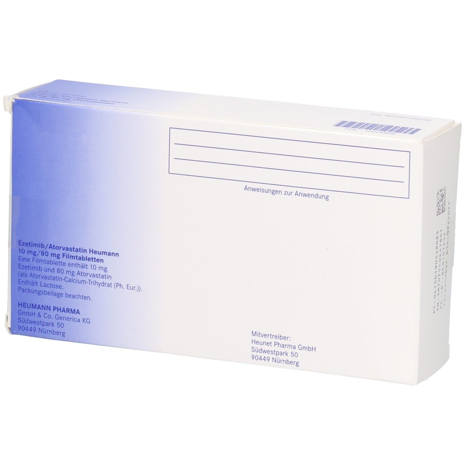 Rückseite der Schachtel mit EZETIMIB/Atorvastatin Heumann 10 mg/80 mg Filmtabletten. Text und Informationen.