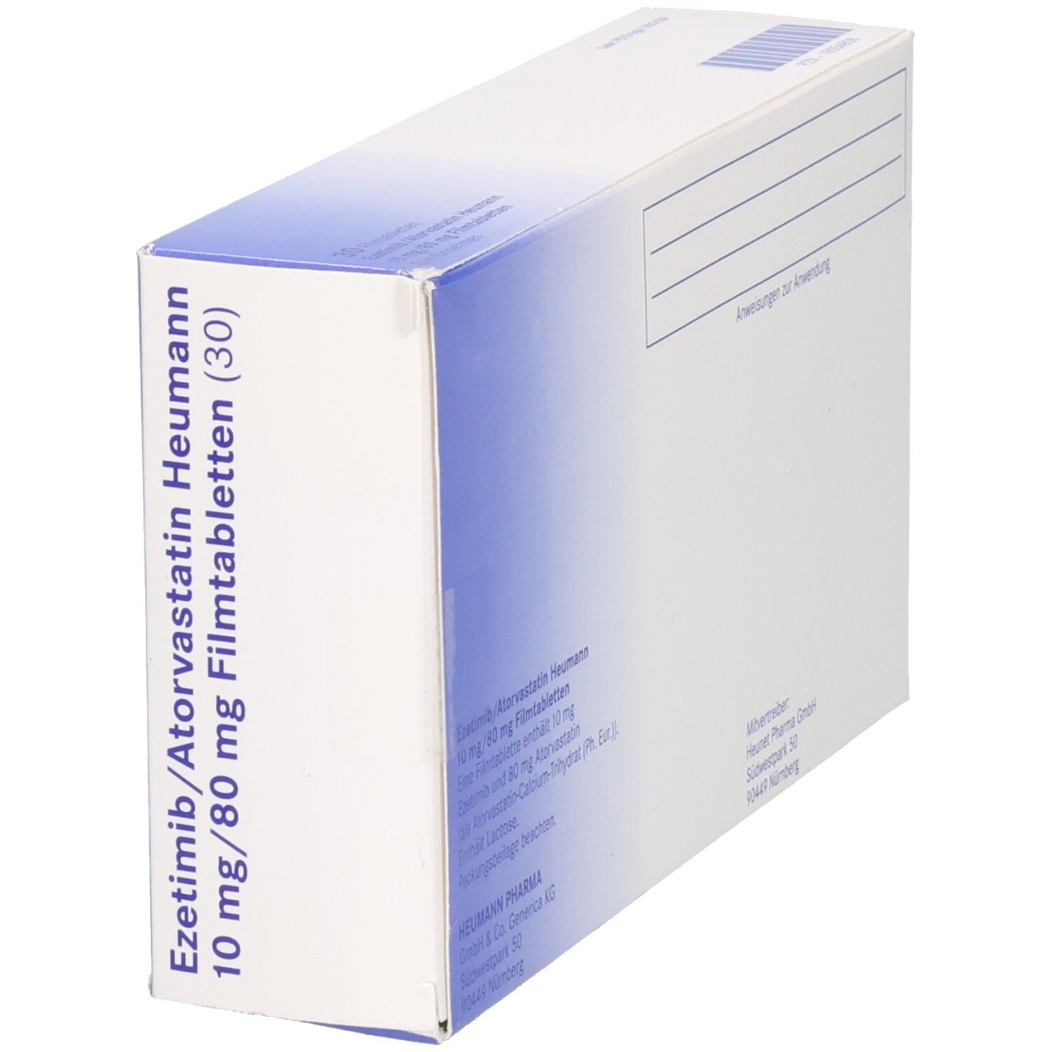 Schachtel mit EZETIMIB/Atorvastatin Heumann 10 mg/80 mg Filmtabletten. Blaue und weiße Verpackung. Text.