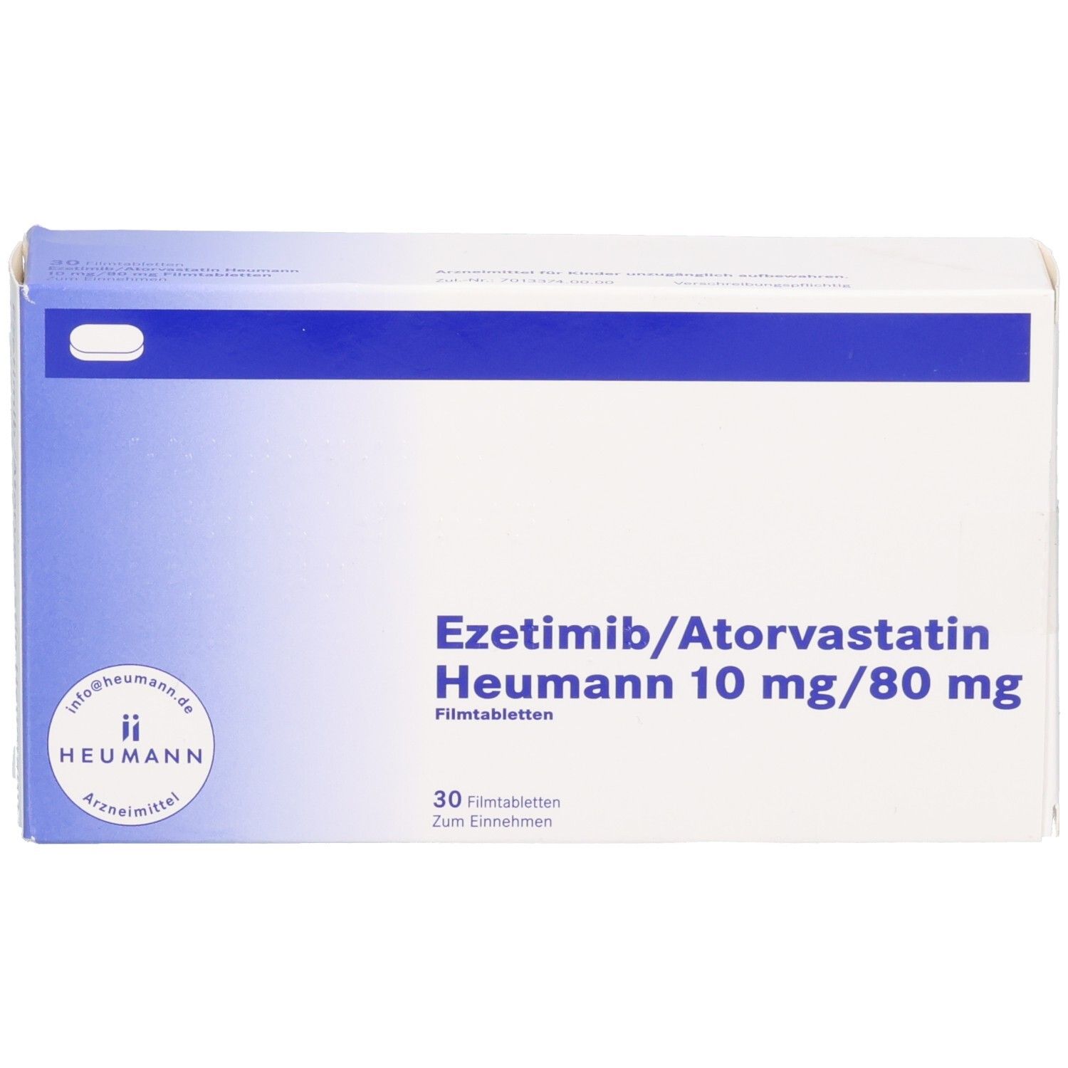 Schachtel mit EZETIMIB/Atorvastatin Heumann 10 mg/80 mg Filmtabletten. Blaue und weiße Verpackung. Heumann-Logo.