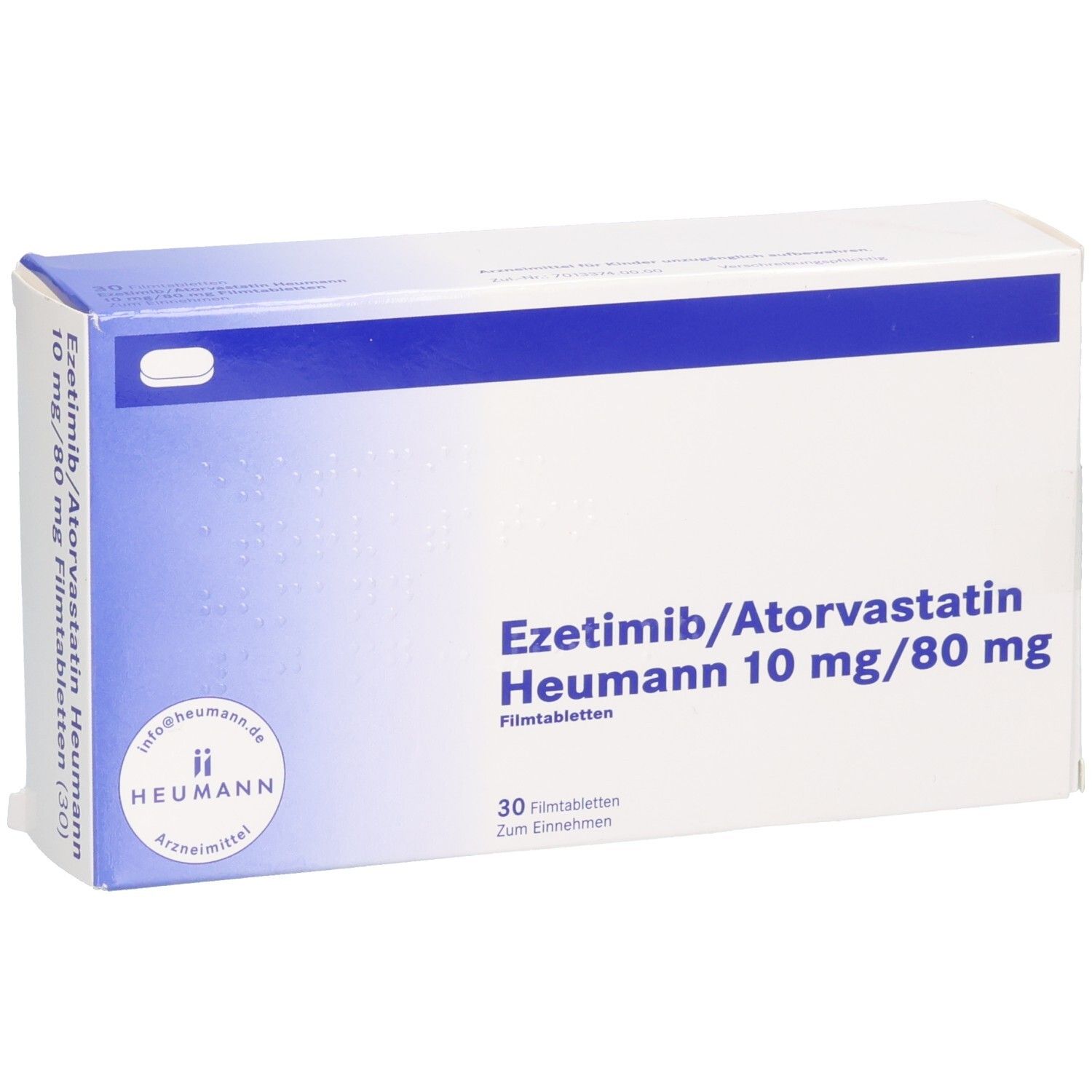 Schachtel mit EZETIMIB/Atorvastatin Heumann 10 mg/80 mg Filmtabletten. Blaue und weiße Verpackung. Heumann-Logo.