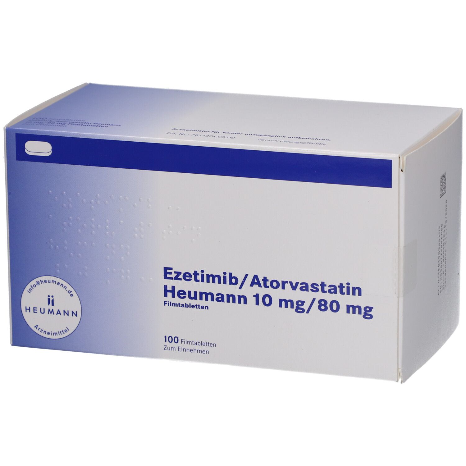 Weiße Arzneimittelbox mit blauer Schrift. Beschriftung: Ezetimib/Atorvastatin Heumann 10 mg/80 mg Filmtabletten. 100 Filmtabletten.