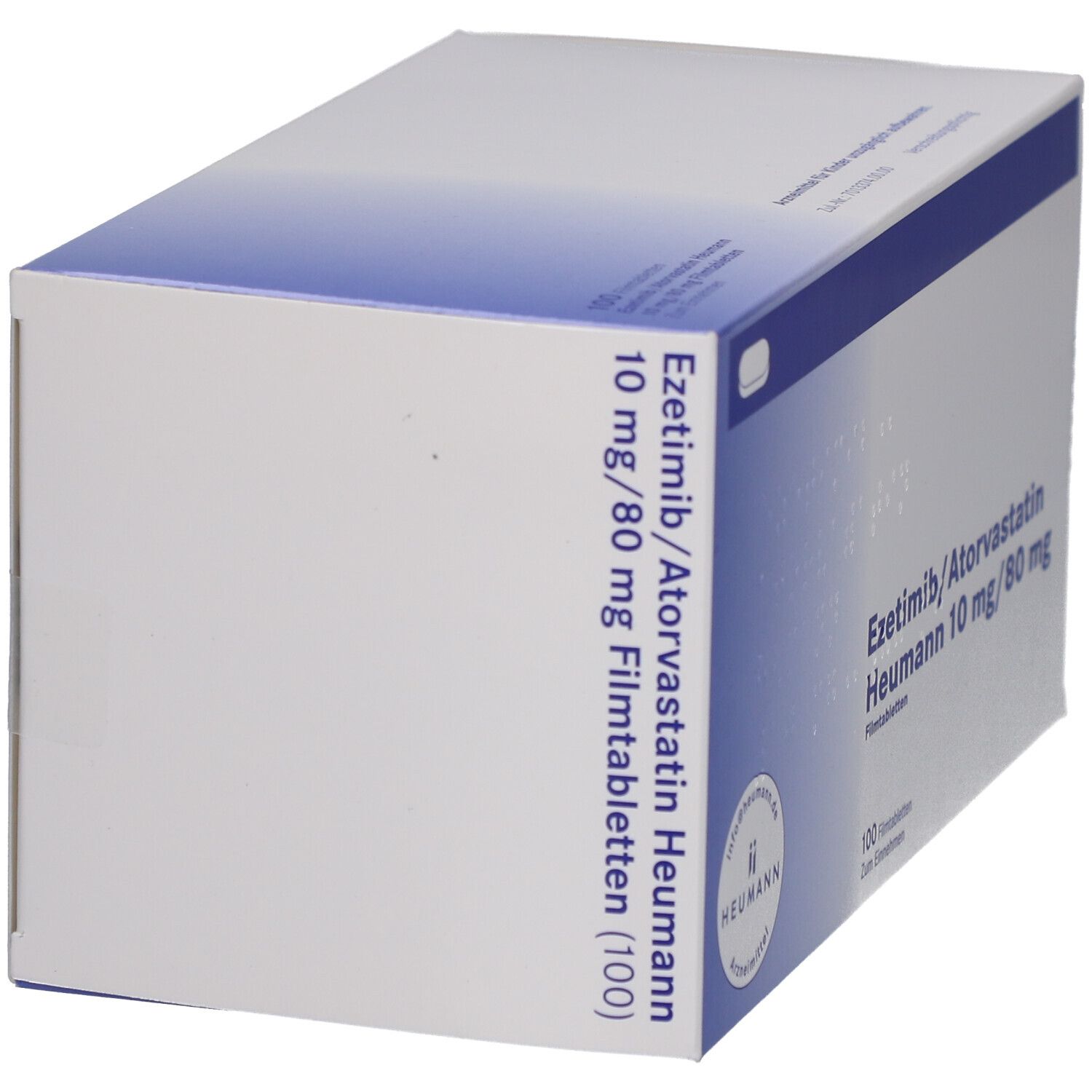 Arzneimittelbox, weiß mit blauem Streifen. Beschriftung: Ezetimib/Atorvastatin Heumann 10 mg/80 mg Filmtabletten (100). Heumann Logo.
