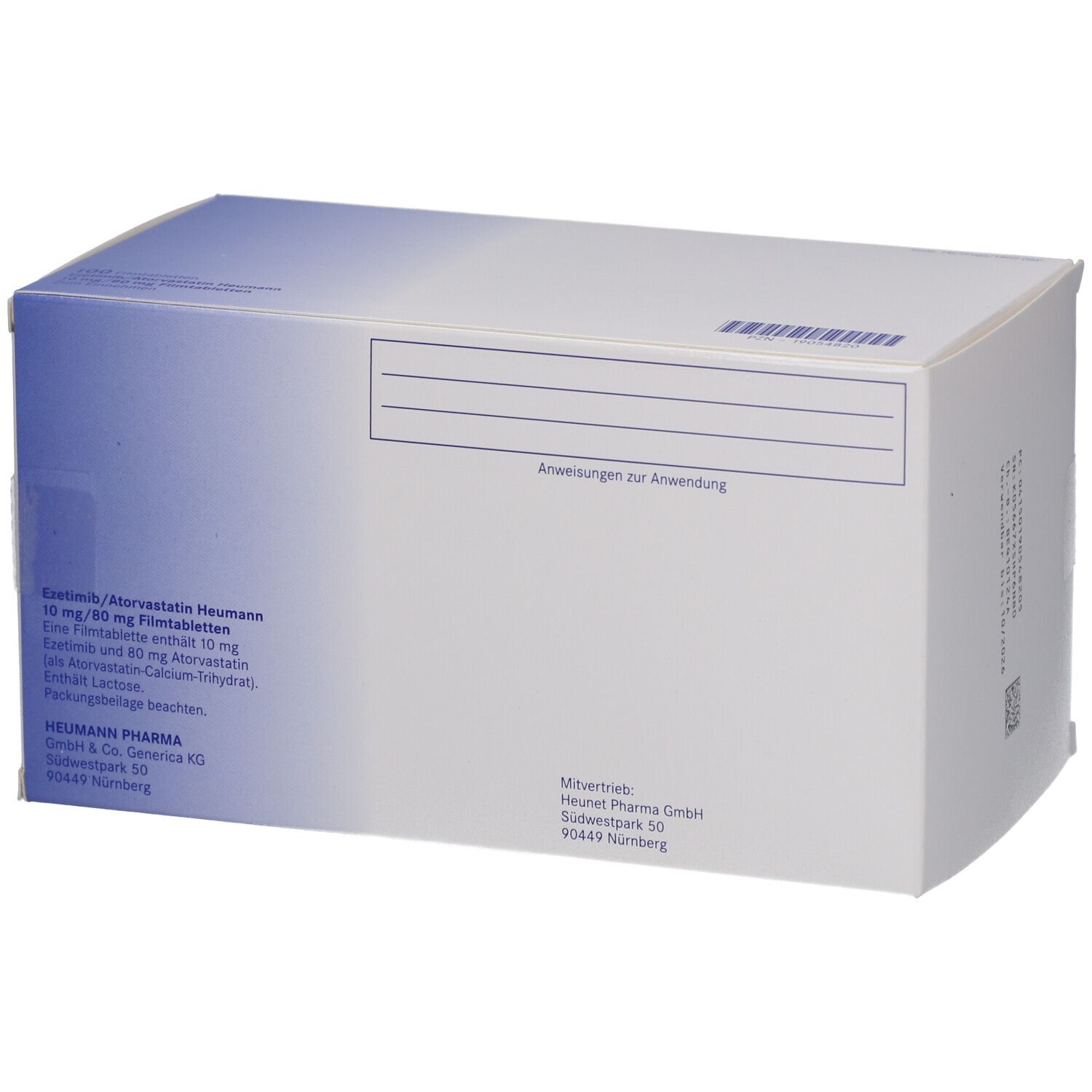 Rückseite einer weißen Arzneimittelbox. Beschriftung: Ezetimib/Atorvastatin Heumann 10 mg/80 mg Filmtabletten. Informationen und Barcode.