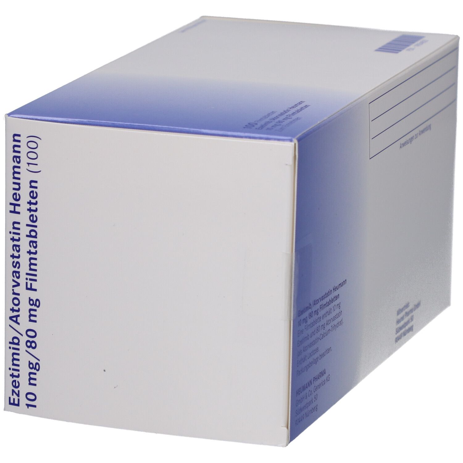 Weiße Arzneimittelbox mit blauem Streifen. Beschriftung: Ezetimib/Atorvastatin Heumann 10 mg/80 mg Filmtabletten (100).