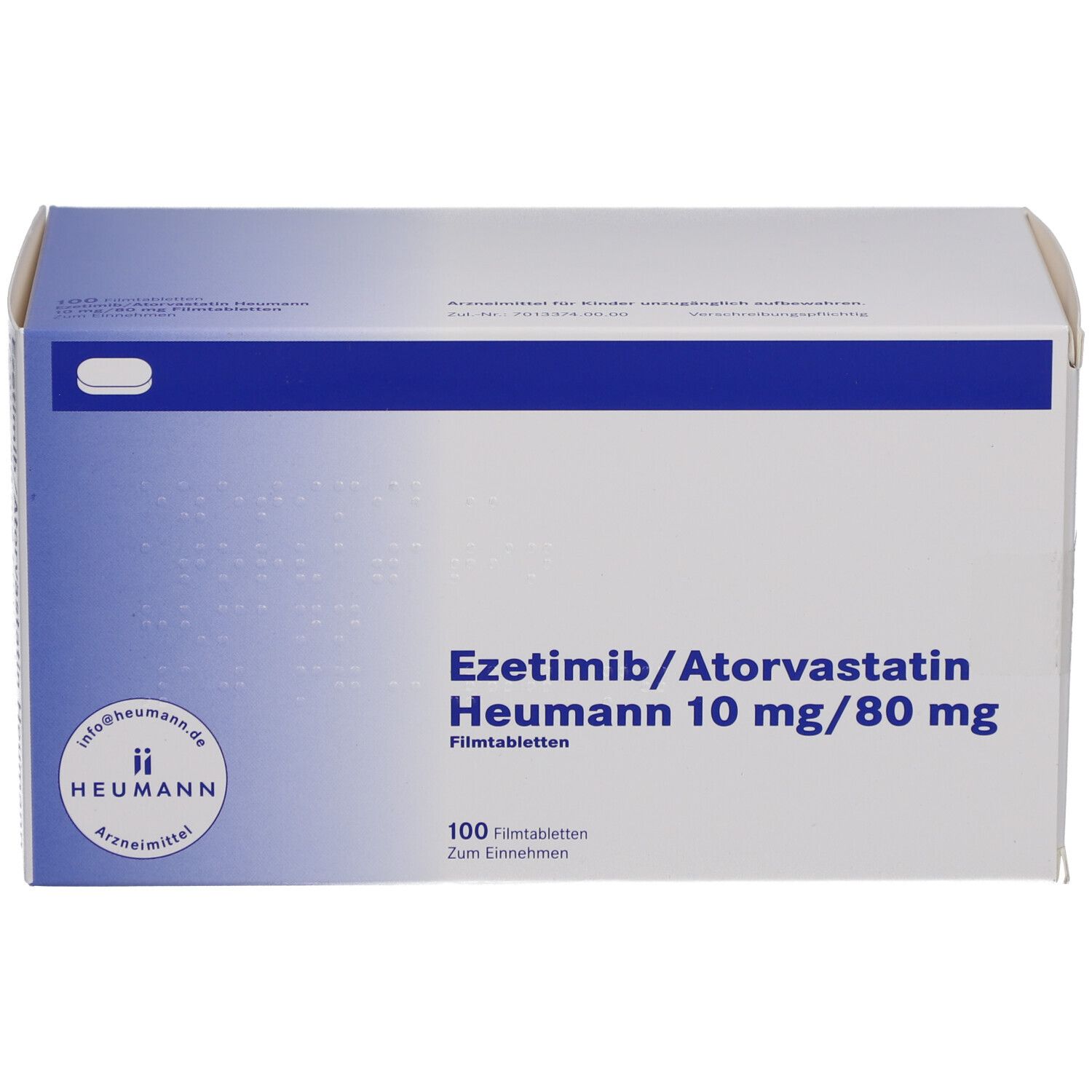 Weiße Arzneimittelbox mit blauer Schrift. Beschriftung: Ezetimib/Atorvastatin Heumann 10 mg/80 mg Filmtabletten. 100 Filmtabletten.