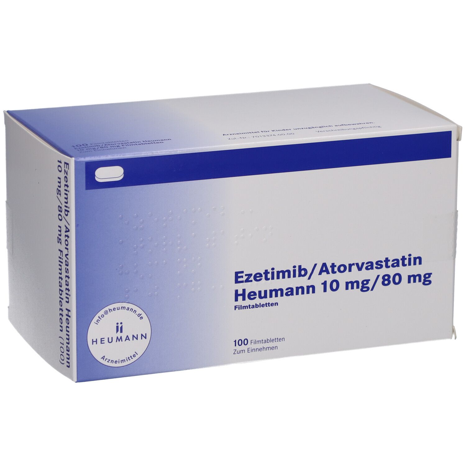 Weiße Arzneimittelbox mit blauer Schrift. Beschriftung: Ezetimib/Atorvastatin Heumann 10 mg/80 mg Filmtabletten. 100 Filmtabletten.
