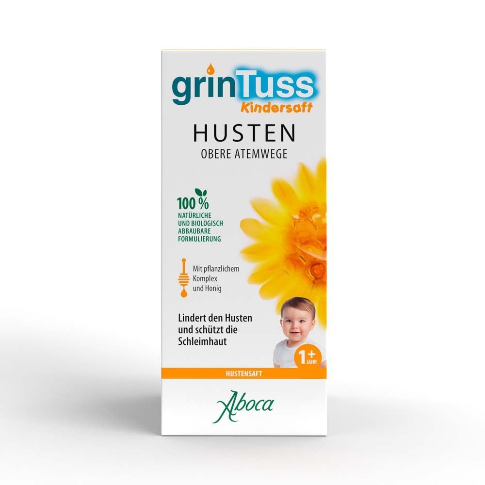 Verpackung von GrinTuss Kindersaft. Text: Husten, obere Atemwege, 100% natürliche Formel, 1+ Jahre.