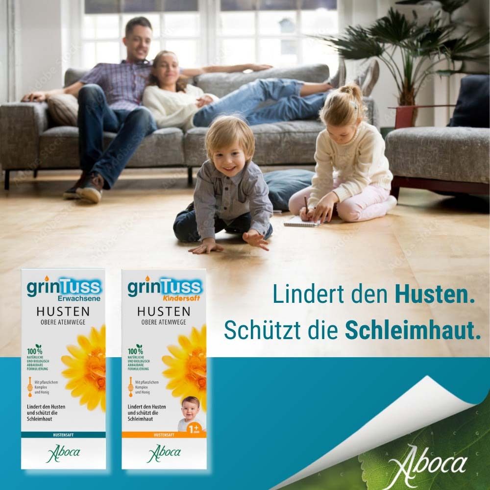 Werbung mit GrinTuss Kindersaft. Zwei Packungen, eine für Erwachsene, eine für Kinder. Familie im Hintergrund.