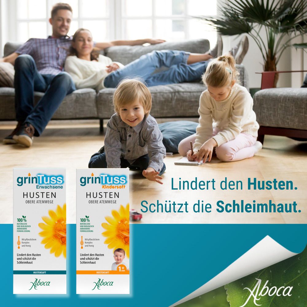 GrinTuss Kindersaft und Erwachsene. Flaschen und Verpackungen. Text: Wirksam bei Husten - tagsüber und nachts.