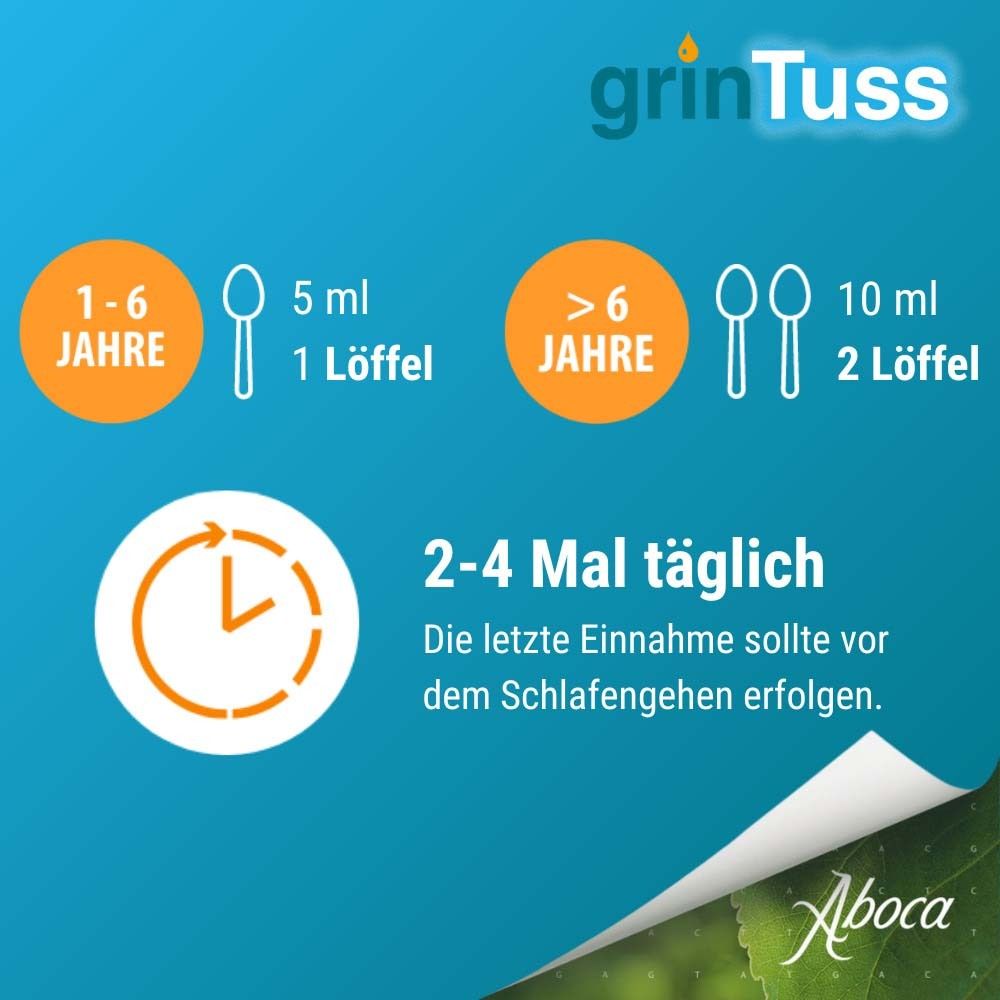 Dosierungsempfehlung für GrinTuss Kindersaft. 1-6 Jahre: 5 ml, 1 Löffel. >6 Jahre: 10 ml, 2 Löffel. 2-4 Mal täglich.
