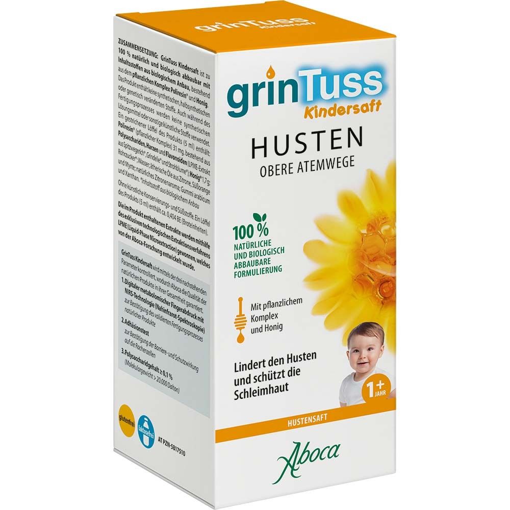 GrinTuss Kindersaft Verpackung. Text: Husten, obere Atemwege, 100% natürliche Formel, 1+ Jahre. Aboca Logo.
