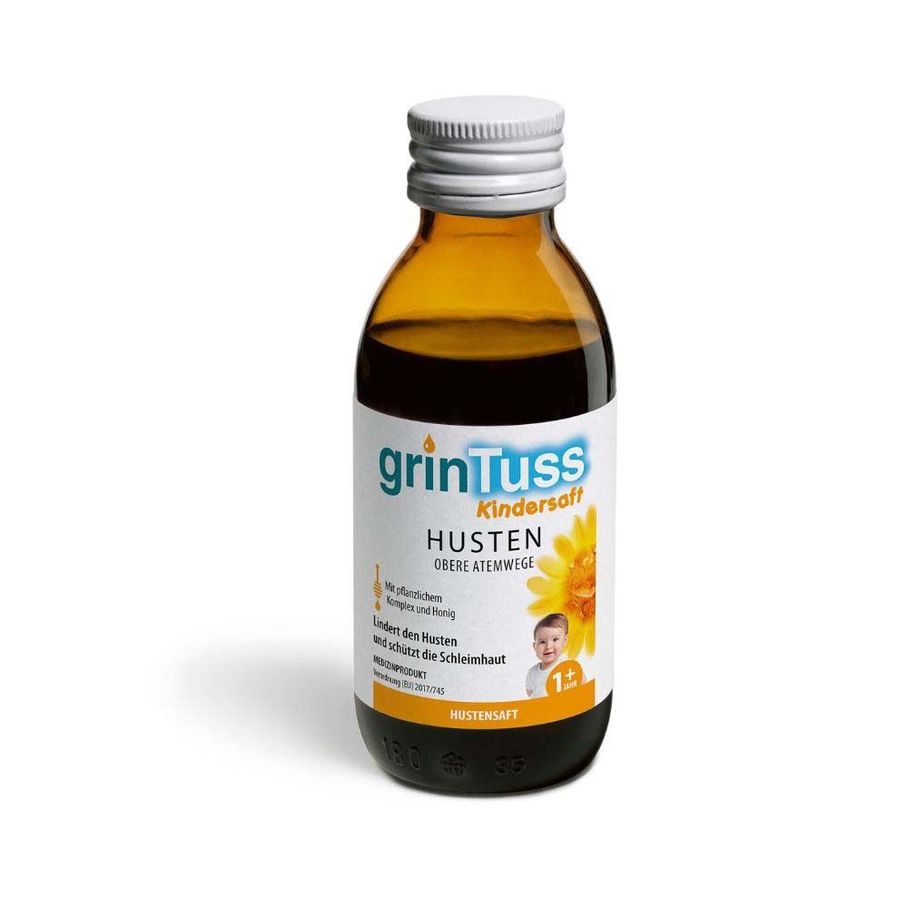 GrinTuss Kindersaft Flasche. Braune Glasflasche mit weißem Deckel. Text: Husten, obere Atemwege, 1+ Jahre.