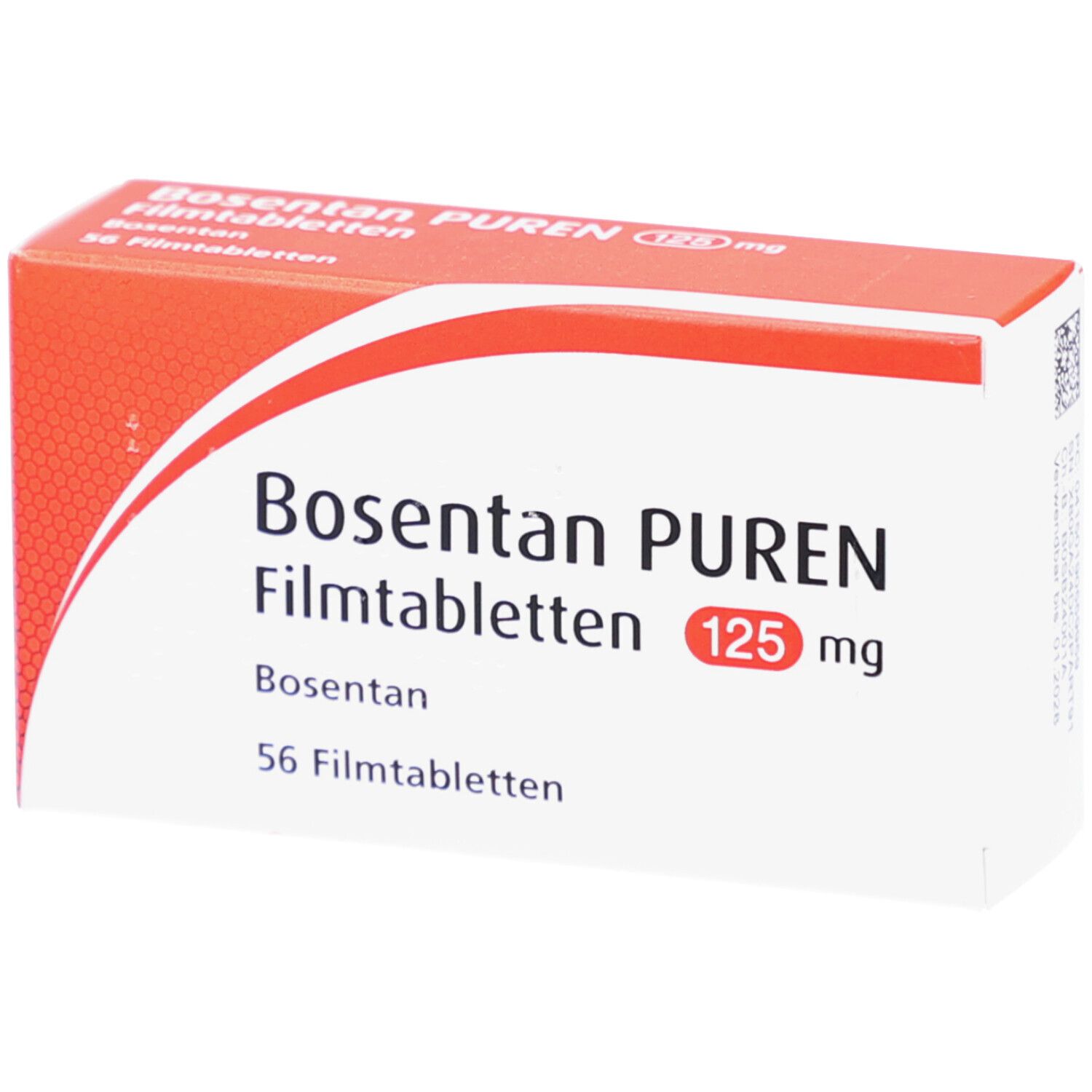 Schachtel mit Bosentan PUREN Filmtabletten 125 mg. Aufschrift: 56 Filmtabletten. Weiß-orangefarbenes Design.