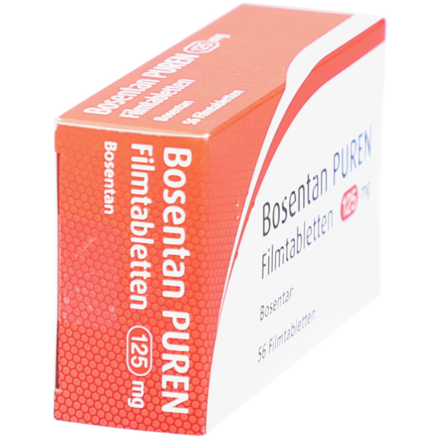 Schachtel Bosentan PUREN Filmtabletten 125 mg. Orangefarbene Seite mit Produktnamen und Dosierung. Weißer Hintergrund.