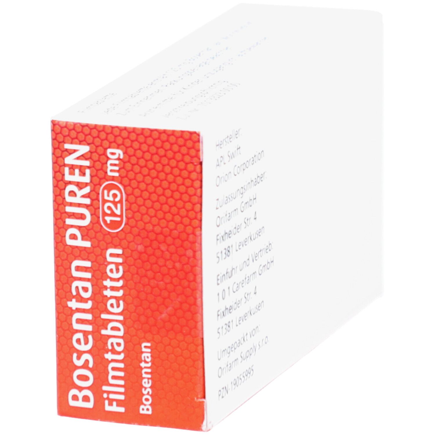 Schachtel Bosentan PUREN Filmtabletten 125 mg. Orangefarbene Seite mit Produktnamen und Dosierung. Weißer Hintergrund.
