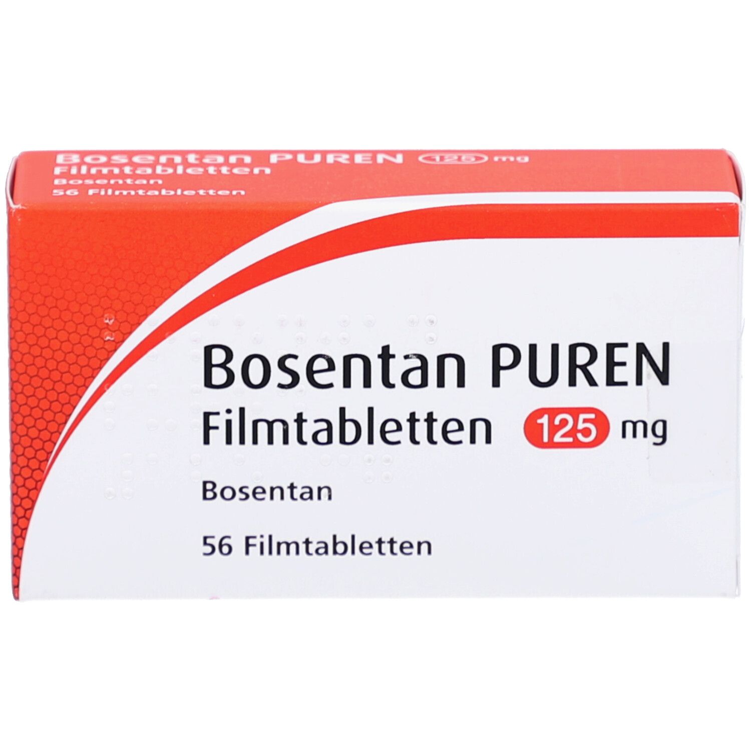 Schachtel mit Bosentan PUREN Filmtabletten 125 mg. Aufschrift: 56 Filmtabletten. Weiß-orangefarbenes Design.