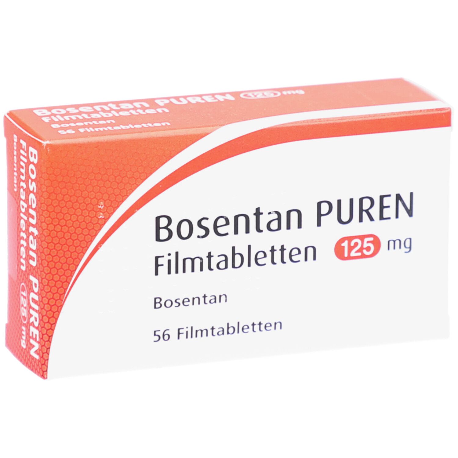 Schachtel mit Bosentan PUREN Filmtabletten 125 mg. Aufschrift: 56 Filmtabletten. Weiß-orangefarbenes Design.
