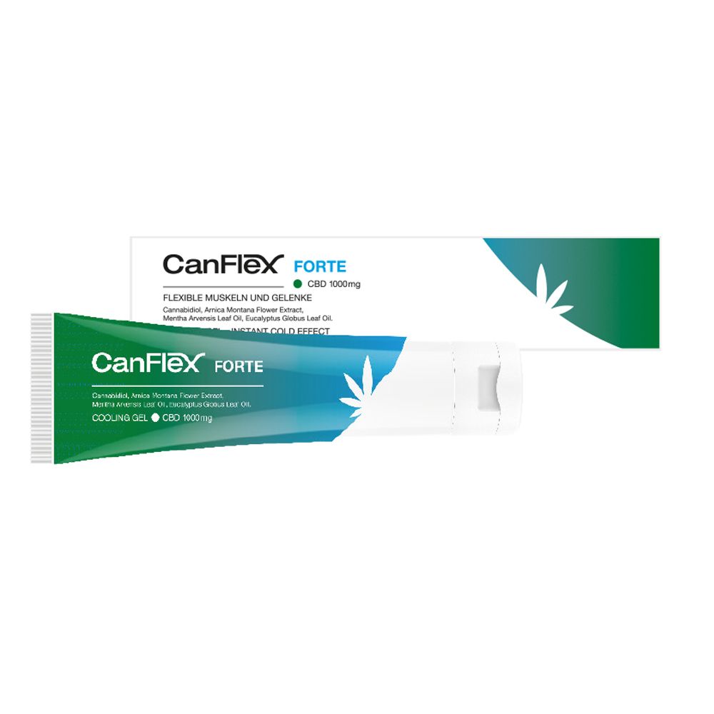 CanFlex FORTE Tube und Verpackung. Produktname, CBD 1000mg. Kühlendes Gel. Enthält Cannabis, Arnika, Minze, Eukalyptus.