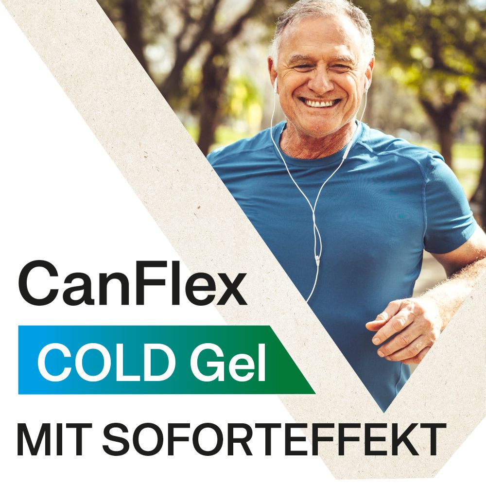Mann joggt. CanFlex COLD Gel. Text: MIT SOFORTEFFEKT. Logo. Hintergrund: Natur, Bäume.