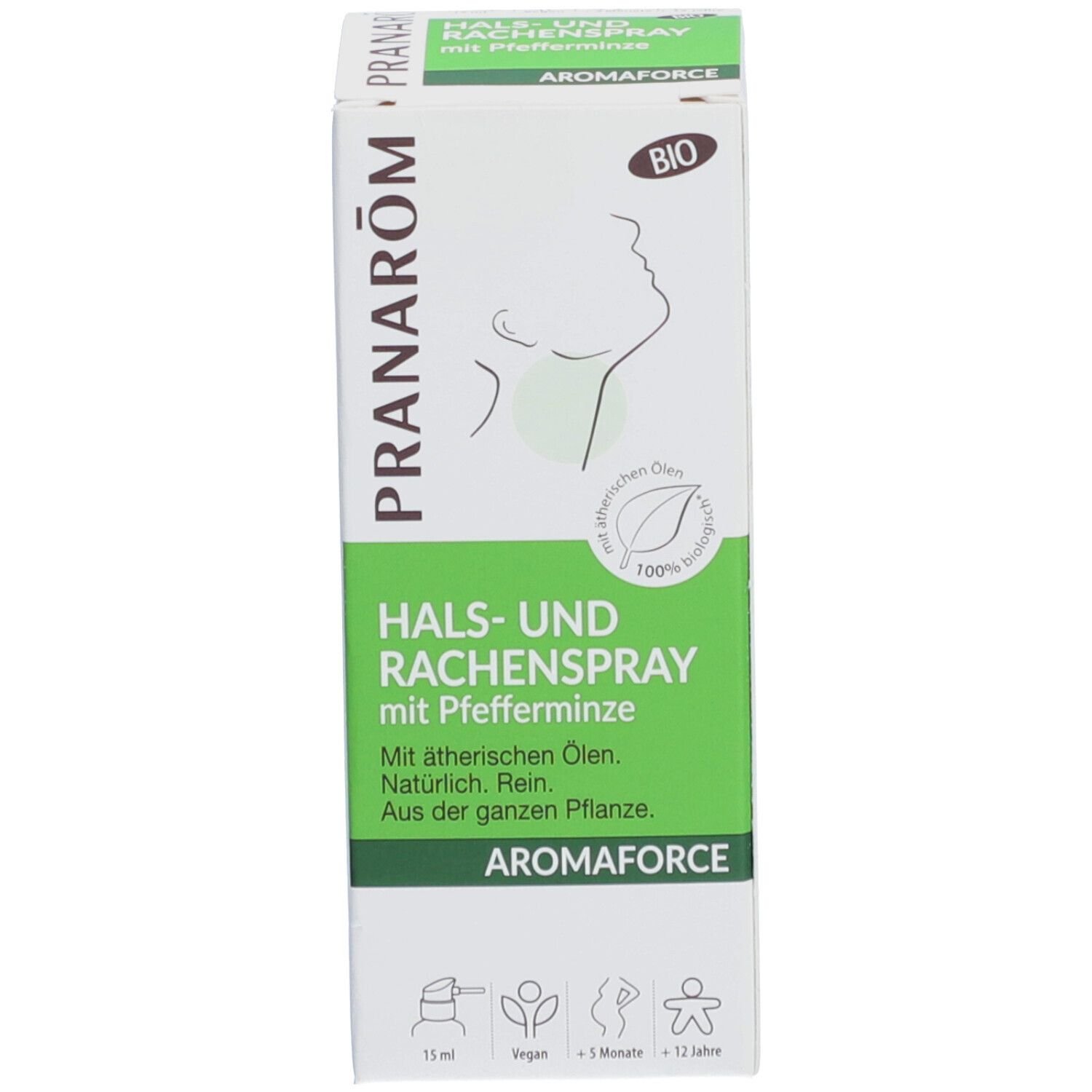 Weiße Verpackung mit grünem Etikett. Produktbezeichnung, Logo und Informationen. Bio-Siegel.