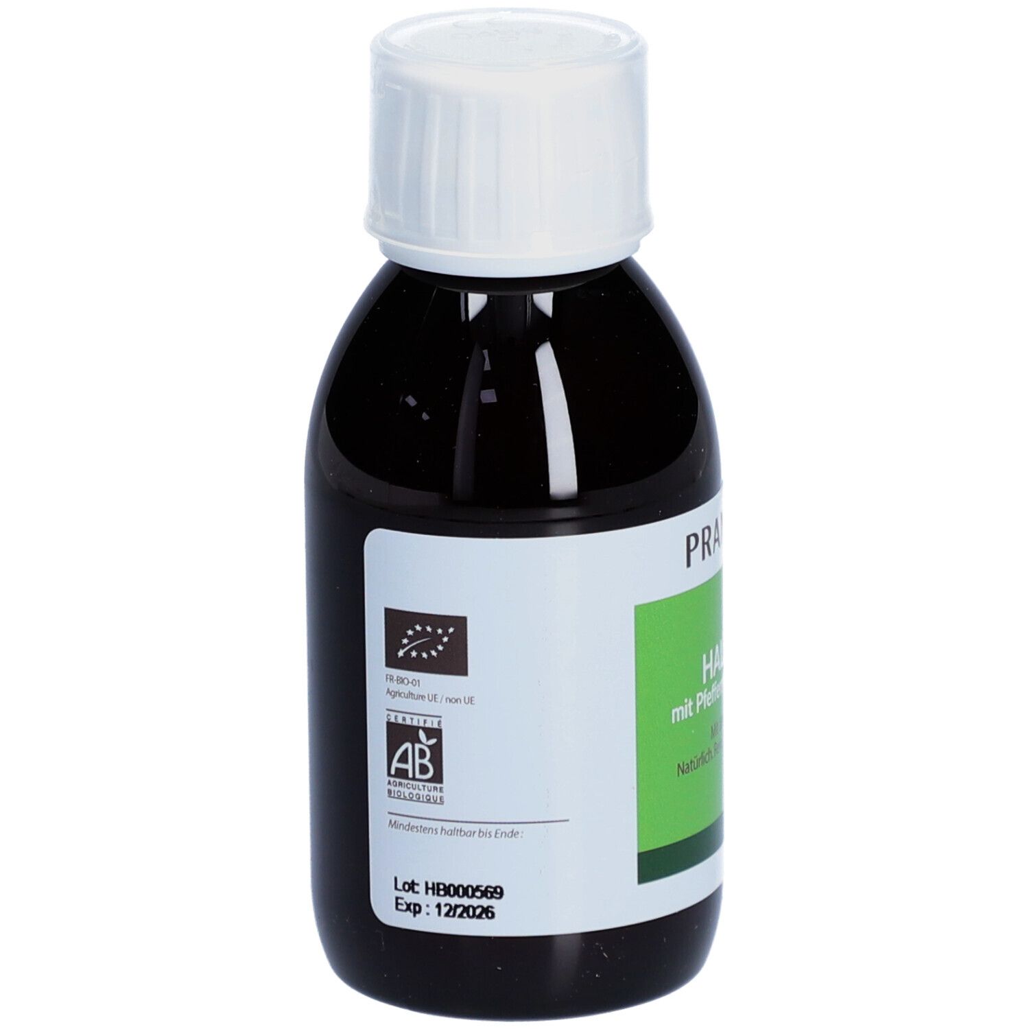 Braune Flasche mit weißem Deckel. Etikett mit Text und Logo. Bio-Zertifizierung. EU-Bio-Logo und AB-Logo.