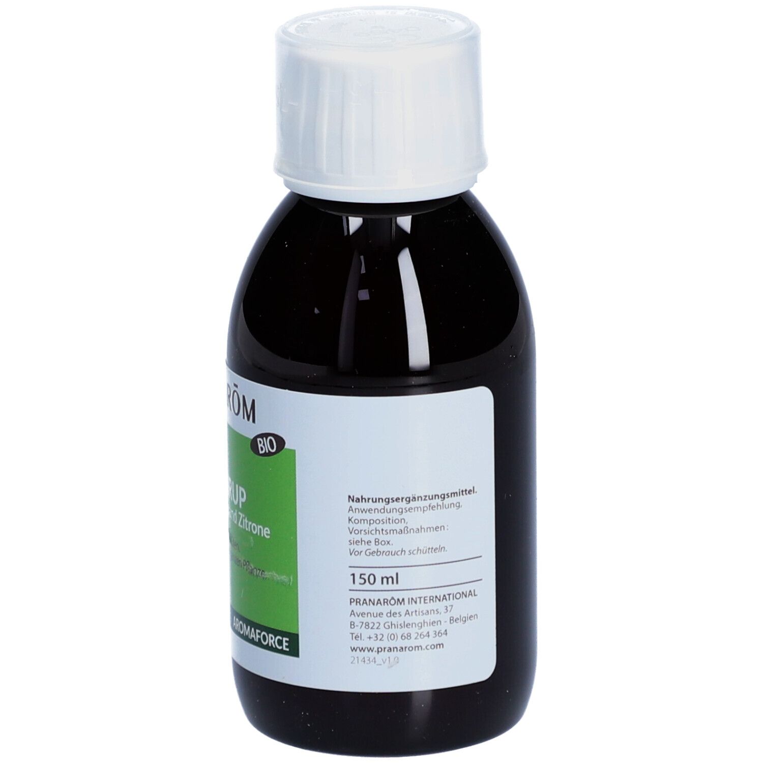 Braune Flasche mit weißem Deckel. Etikett mit Text und Logo. 150 ml. Informationen zur Nahrungsergänzung. Flasche steht aufrecht.