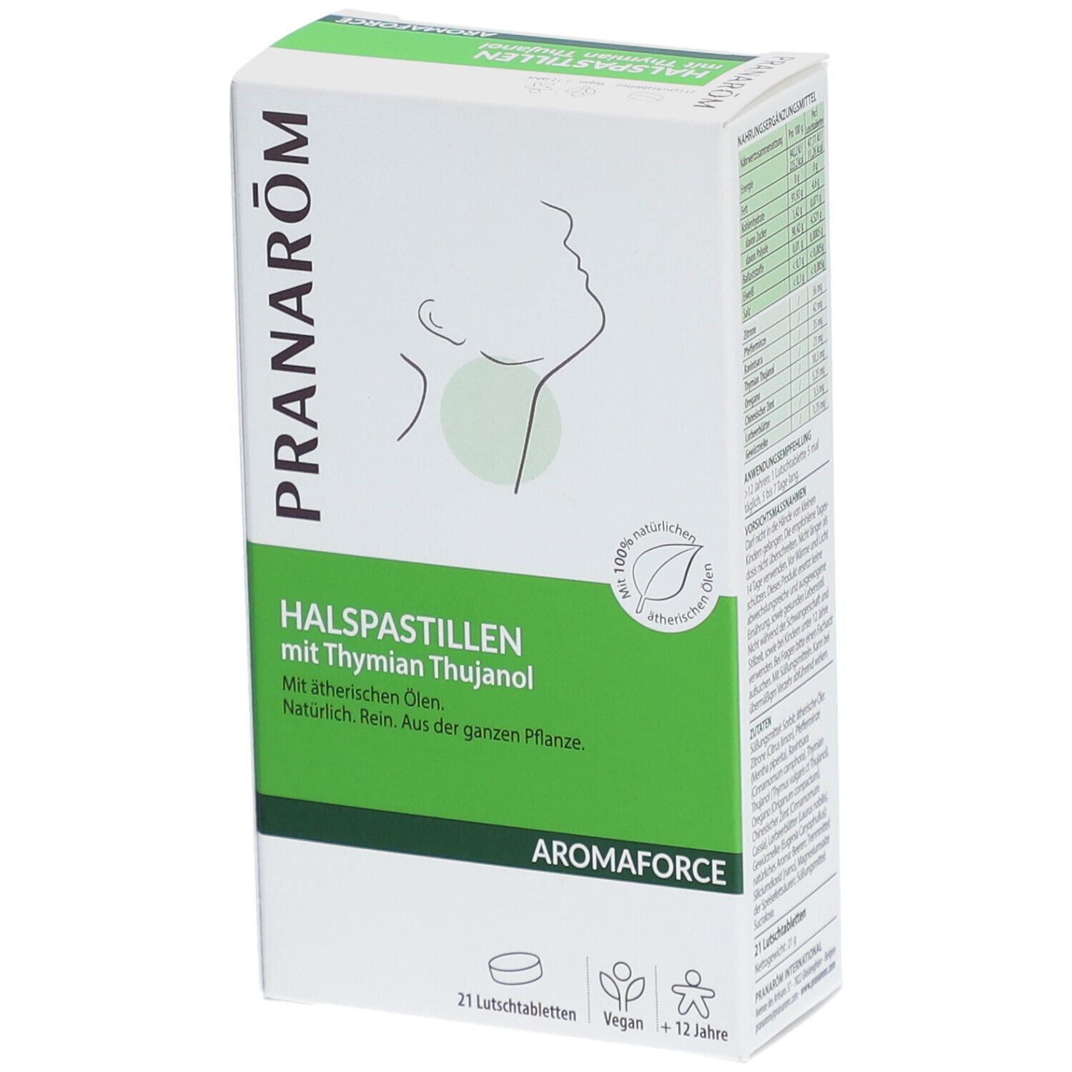 Schachtel mit PRANAROM Halspastillen mit Thymian Thujanol. 21 Lutschtabletten. Vegan. Ab 12 Jahren. Aromaforce.