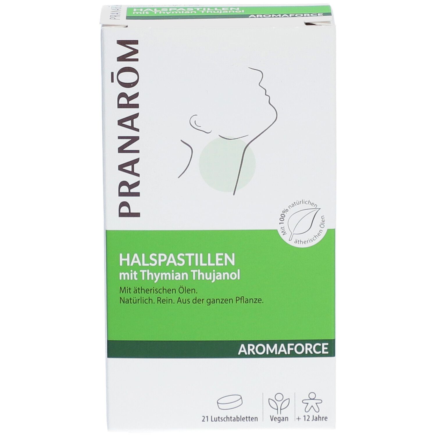 Schachtel mit PRANAROM Halspastillen mit Thymian Thujanol. 21 Lutschtabletten. Vegan. Ab 12 Jahren. Aromaforce.