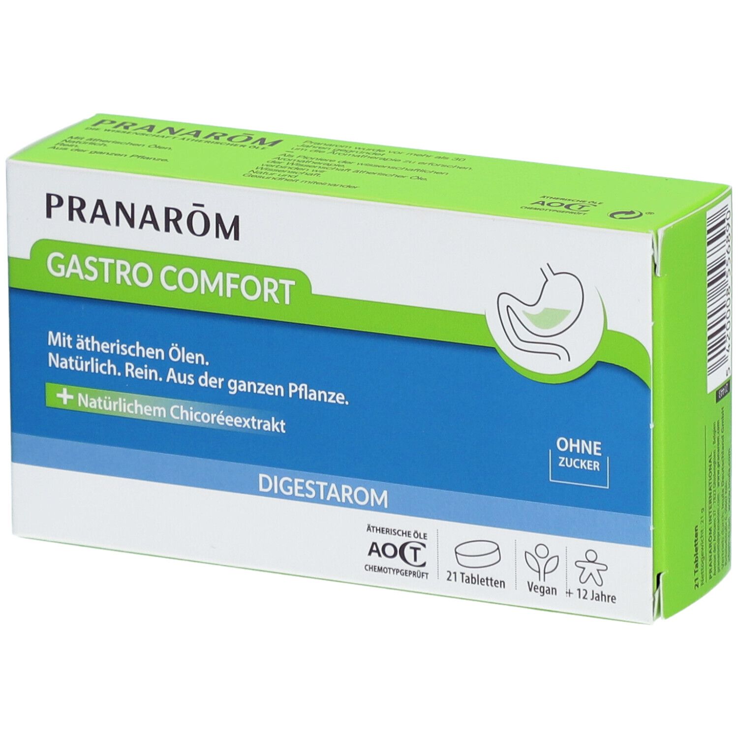 Schachtel mit Produktnamen GASTRO COMFORT. Grün-weiß-blaue Verpackung. Text: Mit ätherischen Ölen, ohne Zucker, 21 Tabletten.
