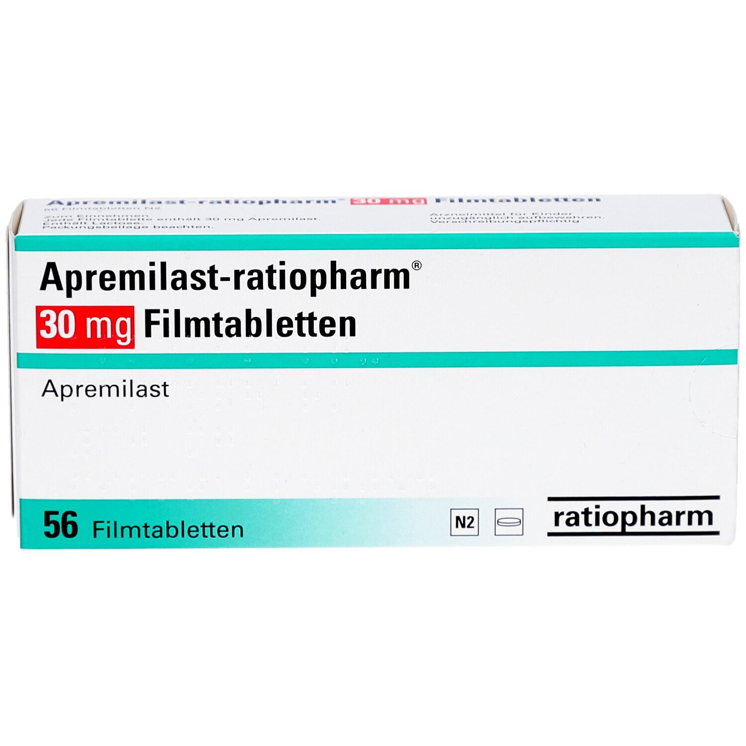 Schachtel mit APREMILAST-ratiopharm 30 mg Filmtabletten. Aufschrift: 30 mg, 56 Filmtabletten. Marke ratiopharm.
