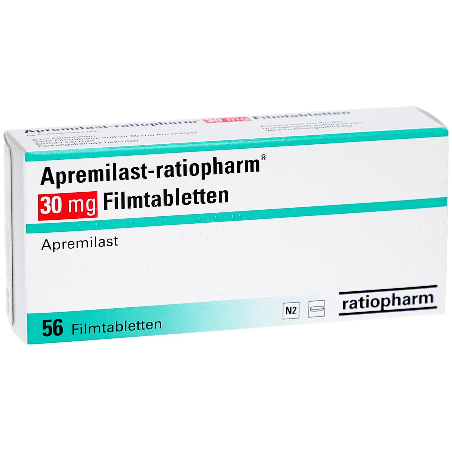 Schachtel mit APREMILAST-ratiopharm 30 mg Filmtabletten. Aufschrift: 30 mg, 56 Filmtabletten. Marke ratiopharm.