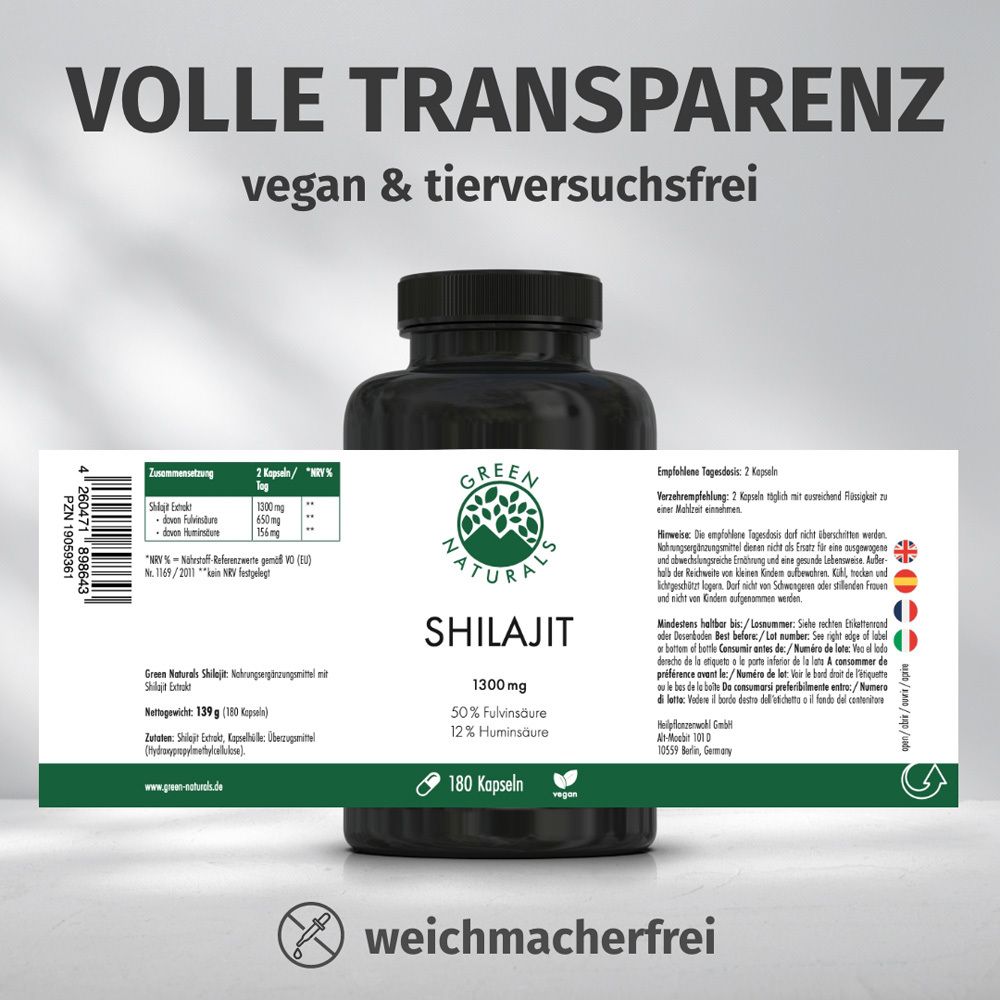 Flasche mit Etikett. Text: Volle Transparenz, vegan & tierversuchsfrei. Inhaltsstoffe und Nährwerte.