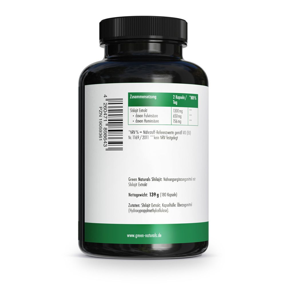 Rückseite der Flasche. Zutatenliste und Nährwertangaben. Text: Green Naturals Shilajit Extrakt.