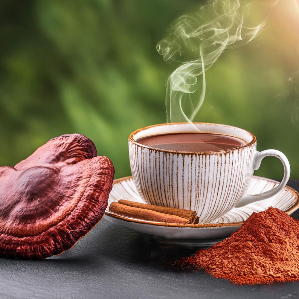 Tasse Kaffee mit Dampf, Reishi-Pilz, Zimtstangen und Pulver. Auf schwarzem Untergrund.