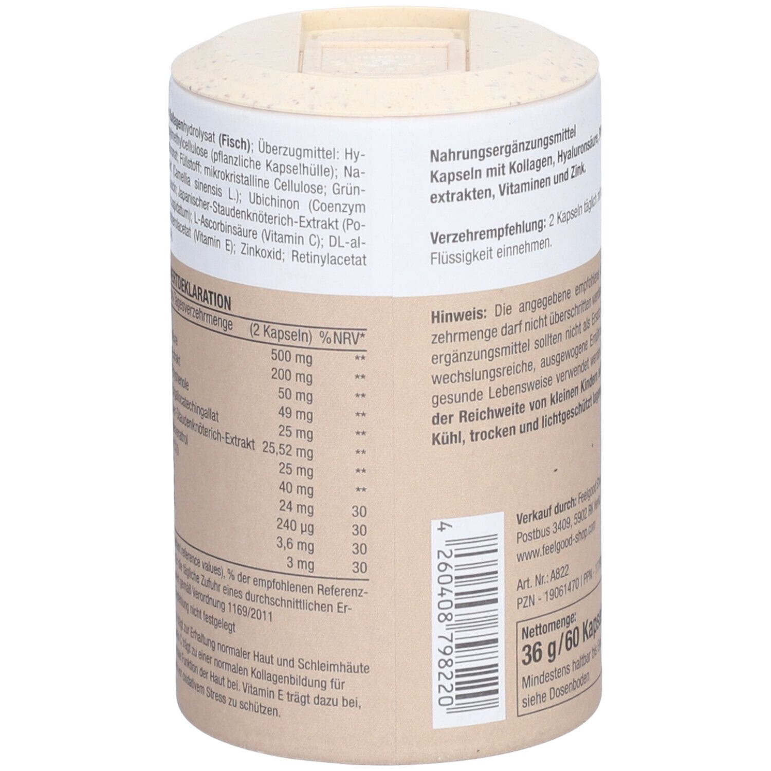 Rückseite der Dose mit Nährwertdeklaration. Auflistung von Inhaltsstoffen und Mengen.