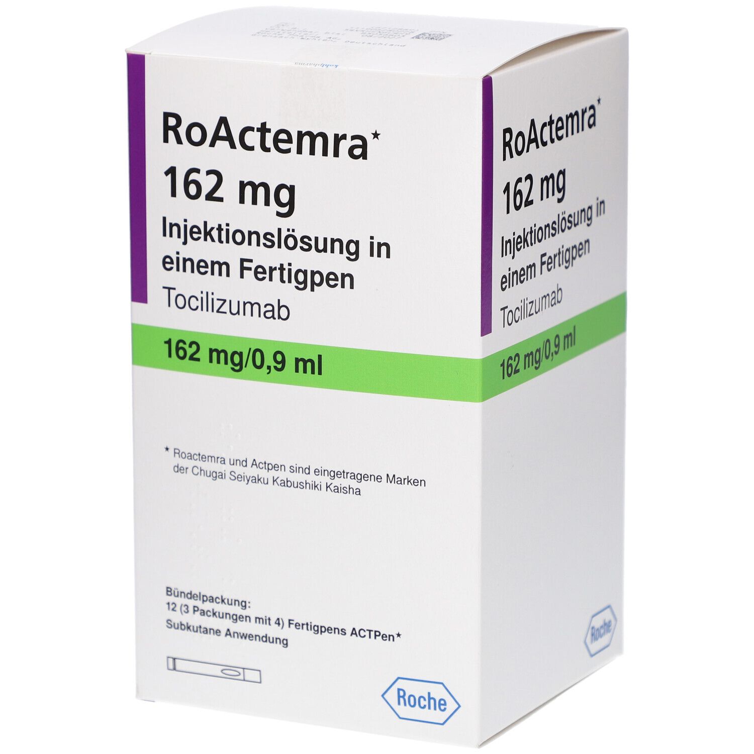 Weißer Karton mit lila und grüner Beschriftung. RoActemra 162 mg Injektionslösung in einem Fertigpen. Roche Logo.