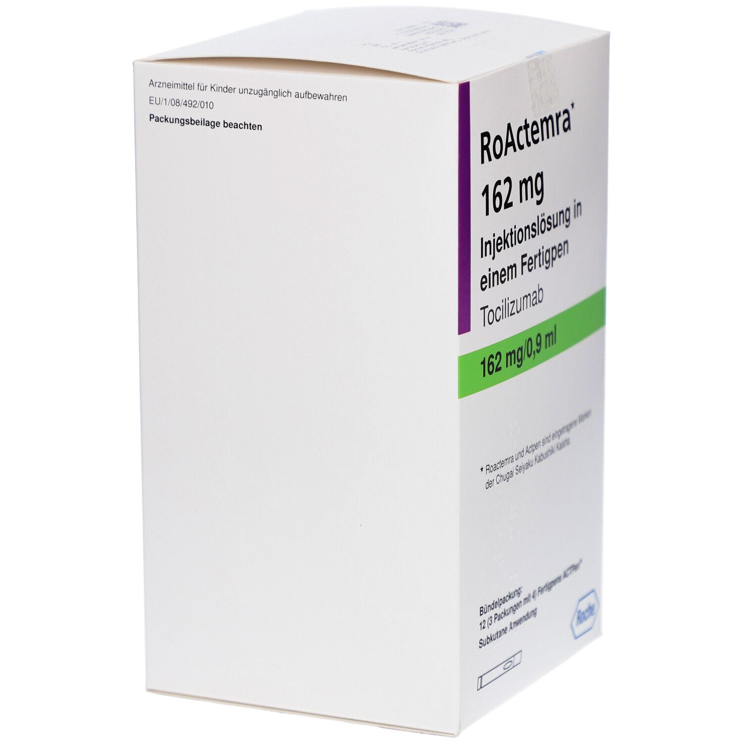 Weißer Karton, Seitenansicht. RoActemra 162 mg Injektionslösung in einem Fertigpen. Roche Logo. Text.