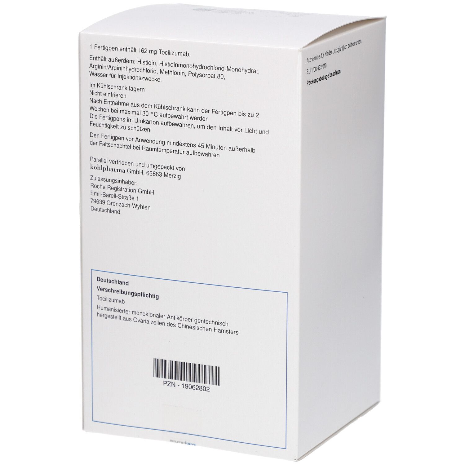 Rückseite des weißen Kartons. Text mit Inhaltsstoffen und Herstellerinformationen. PZN-19062802.