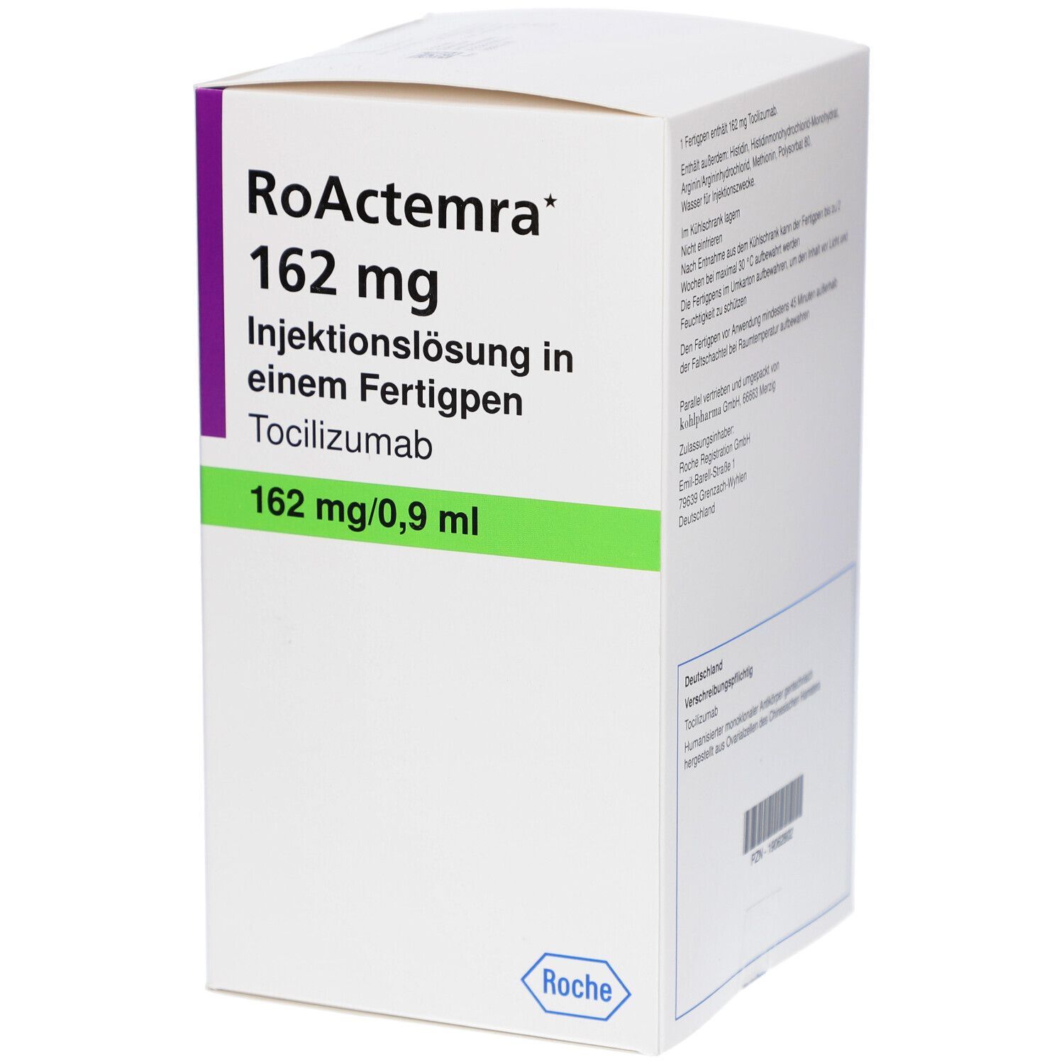 Weißer Karton mit lila und grüner Beschriftung. RoActemra 162 mg Injektionslösung in einem Fertigpen. Roche Logo.