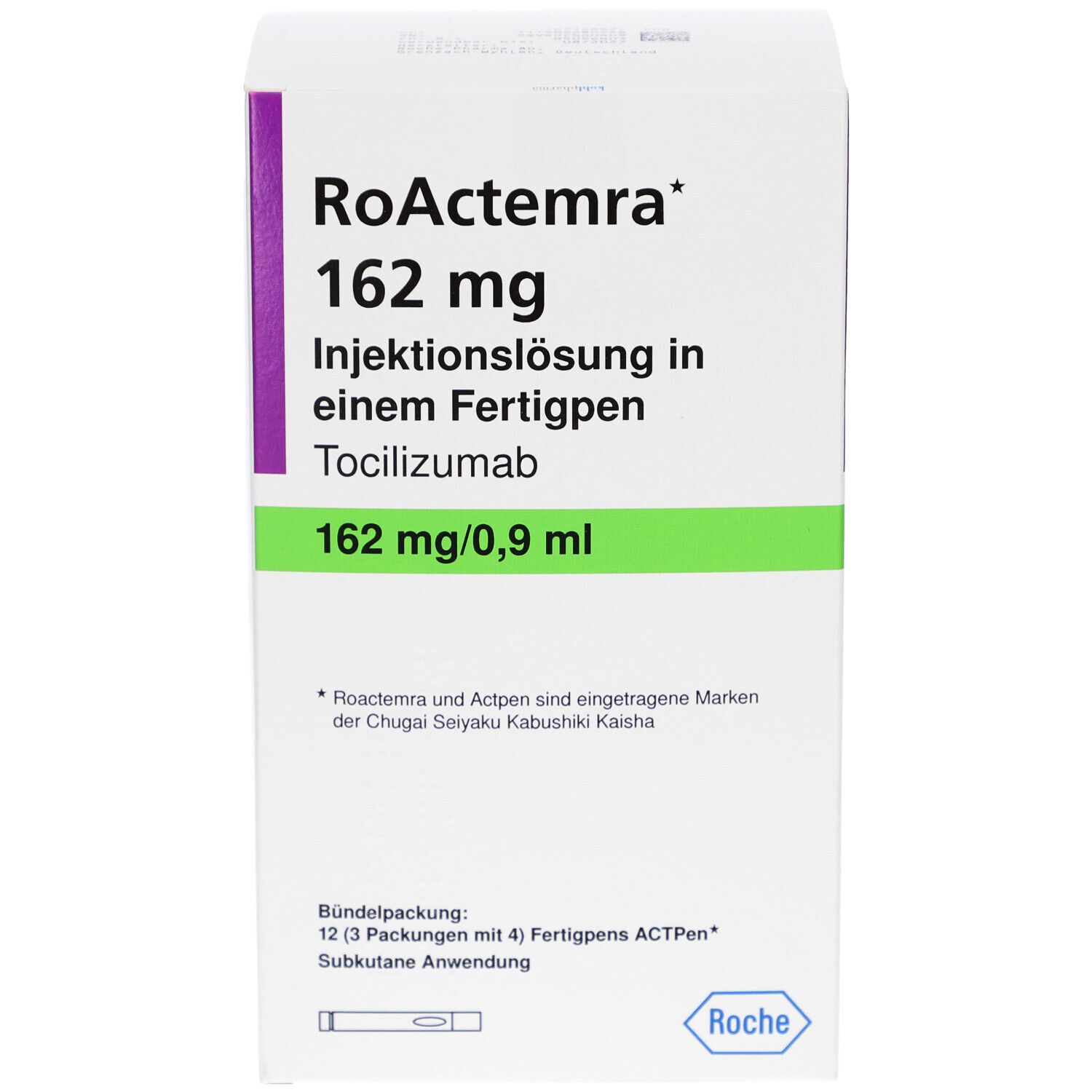 Weißer Karton mit lila und grüner Beschriftung. RoActemra 162 mg Injektionslösung in einem Fertigpen. Roche Logo.